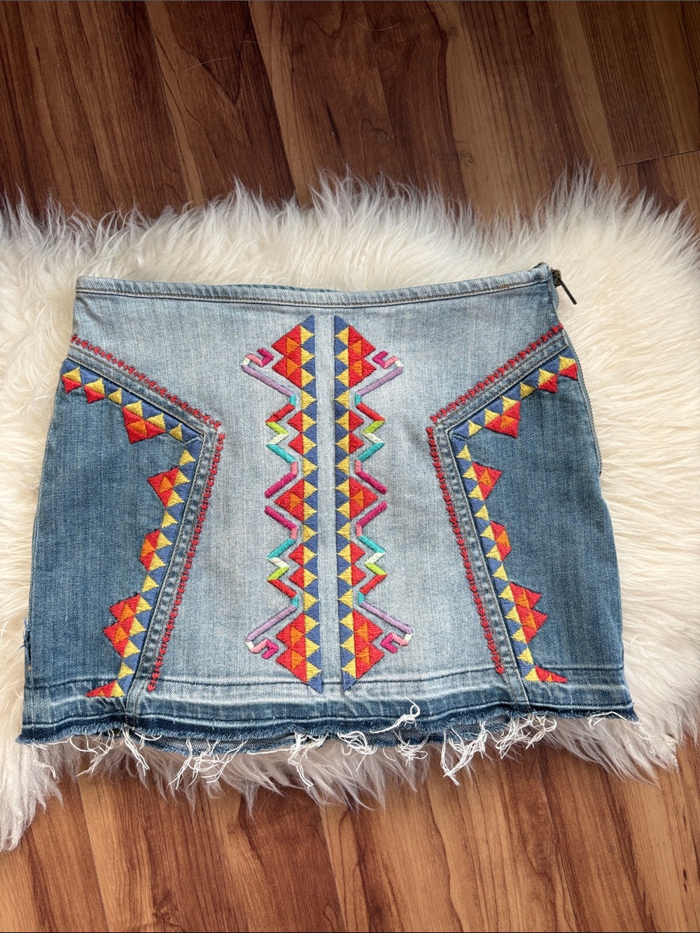 Free People Blue Denim Mini Skirt with Multicolor Embroidery